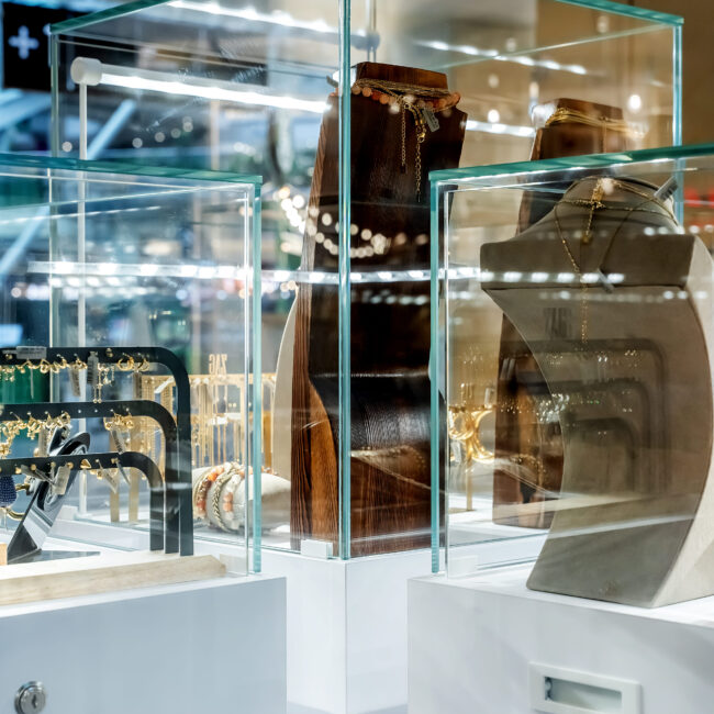 gabloty szklane w wyspie handlowej z biżuterią